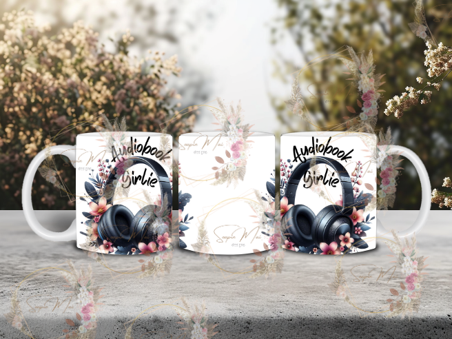 Sublimation coffee mug for book lovers featuring a floral "Audiobook Girlie" design.