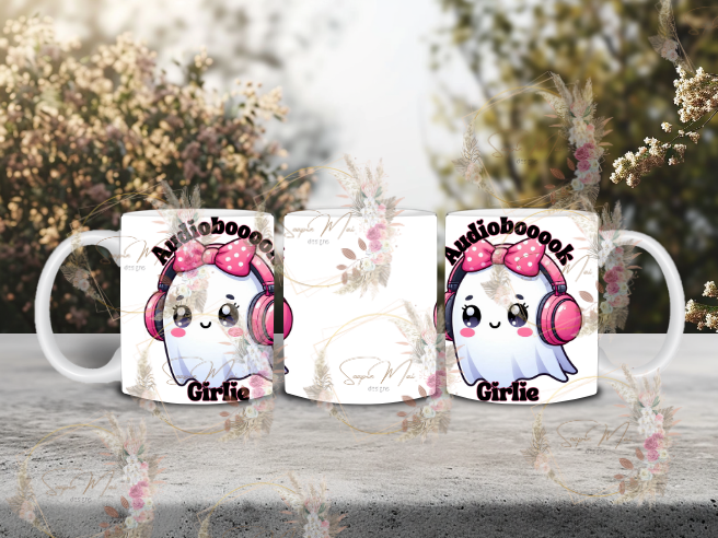 Sublimation coffee mug for book lovers featuring a ghost "Audiobooook Girlie" design.