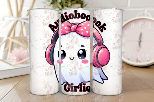 Stainless steel travel tumbler with "Audiobooook Girlie" text and ghost illustration, perfect for hot or cold drinks.