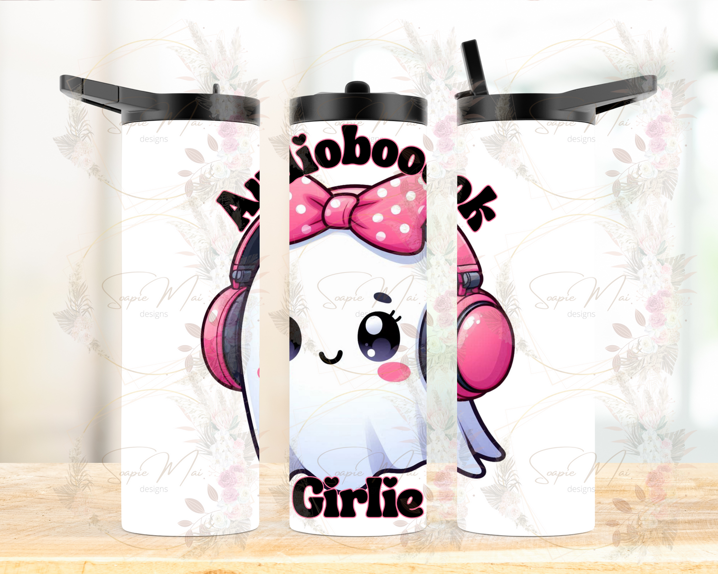 Insulated water bottle for audiobook readers, featuring "Audiobooook Girlie" ghost design. Great for hydration while listening to audiobooks.