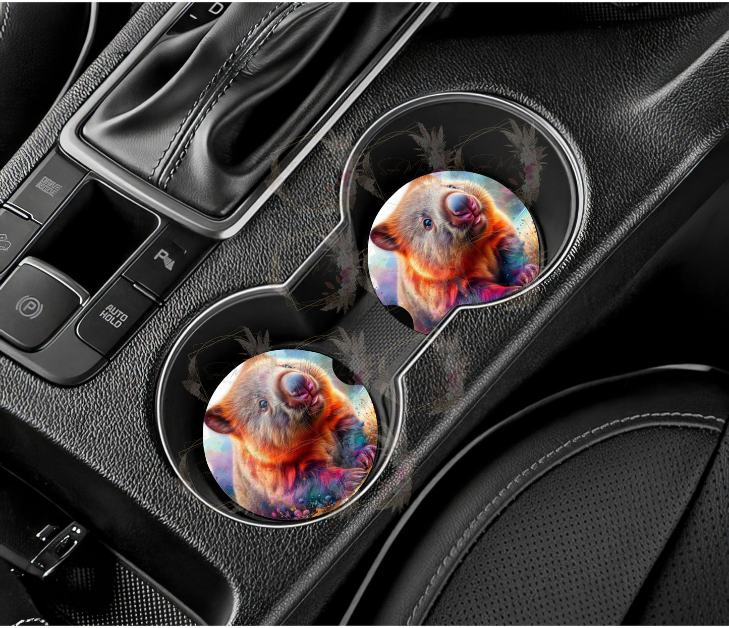 Close-up of a vibrant Australian Wombat sublimation design on a set of neoprene car coasters, showcasing the unique artwork and the wombat's charming features.