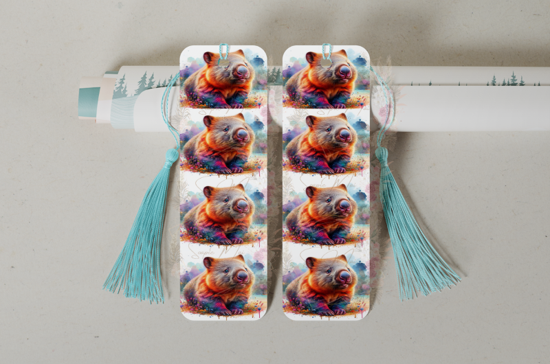 Close-up of a vibrant Australian Wombat sublimation design on a double sided aluminum bookmark, showcasing the unique artwork and the wombat's charming features.