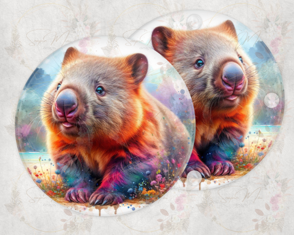 Close-up of a vibrant Australian Wombat sublimation design on a round glass coaster, showcasing the unique artwork and the wombat's charming features.
