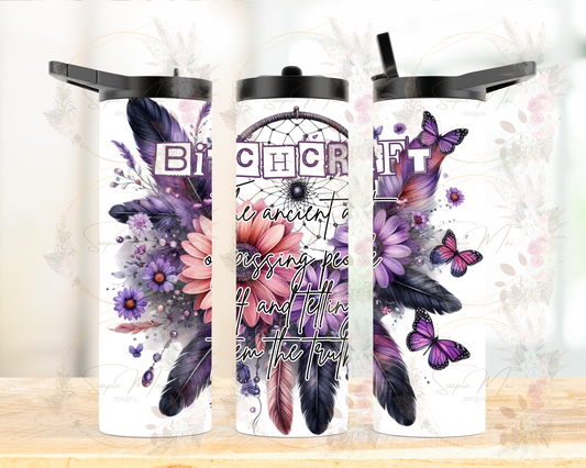 Custom water bottle with "Bitchcraft" design featuring a dark dreamcatcher, pink flowers, and purple and blue floral accents. Ideal for unique, and witchy drinkware from Soapie Mai Designs.