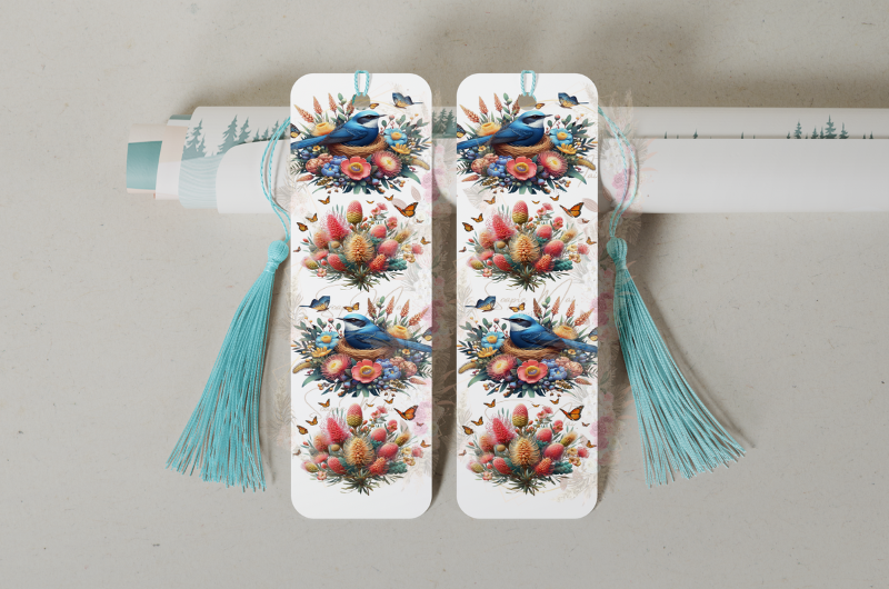 Durable double-sided aluminum bookmark showcasing a Blue Wren with Australian natives design on both sides, perfect for avid readers.