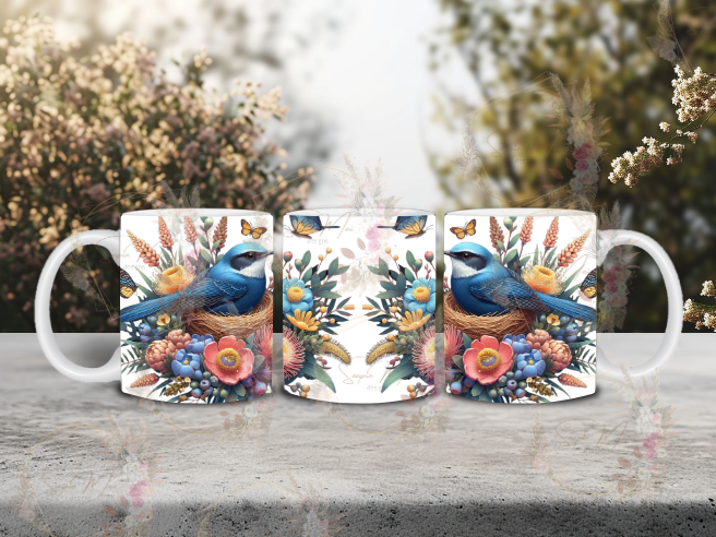 White ceramic coffee mug with a charming Blue Wren and Australian natives sublimation print, great for your morning brew.