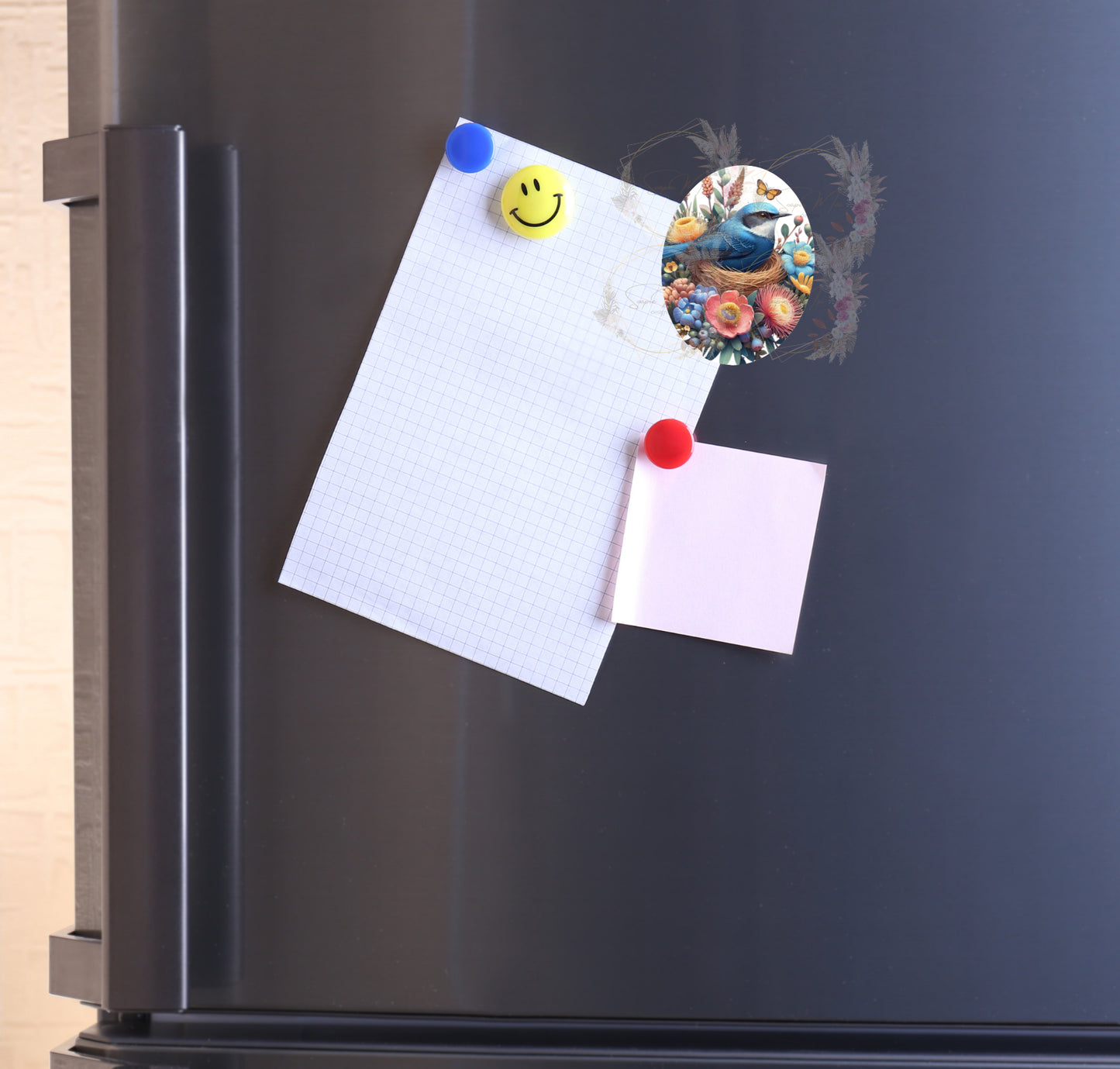 Strong refrigerator magnet featuring a vibrant Blue Wren with Australian native flora illustration, ideal for decorating your kitchen or office.