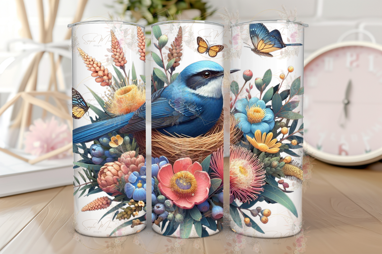 Stainless steel sublimation tumbler with a beautiful Blue Wren and Australian natives graphic, ideal for keeping drinks hot or cold