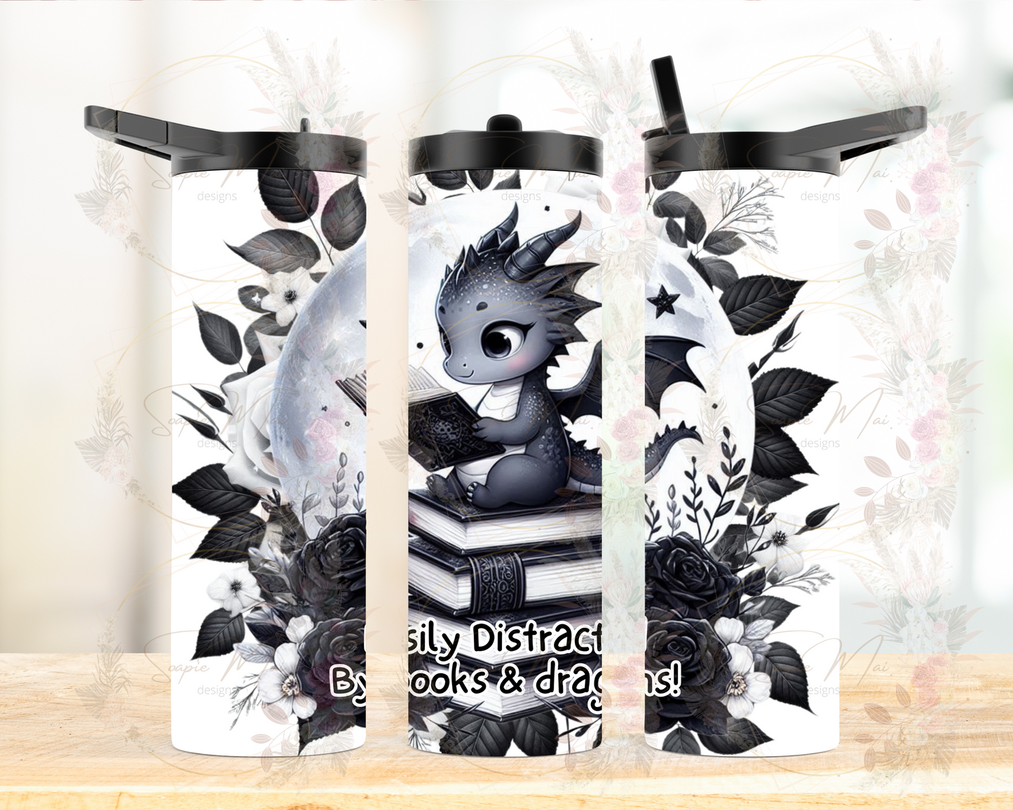 Insulated sublimation water bottle featuring a 'Easily Distracted by Books & Dragons' design with a black and white book-reading dragon on a book stack, floral background, and moon.