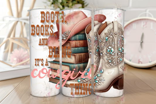Stainless steel sublimation tumbler with a 'Boots, Books, and Bling' country-themed design, showing sparkly cowgirl boots, books, and a pink cowgirl hat, ideal for keeping drinks hot or cold.