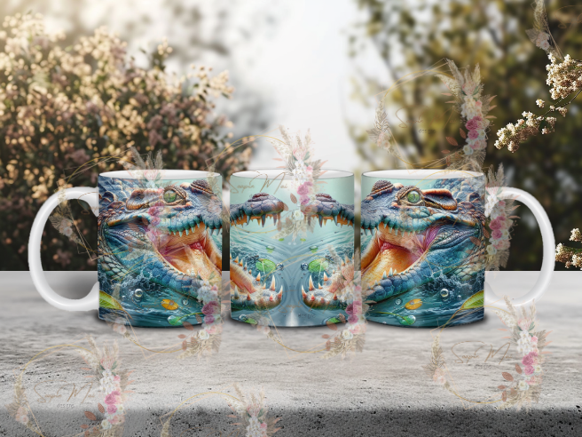 White ceramic coffee mug with an impressive Australian Crocodile sublimation print, great for your morning brew.
