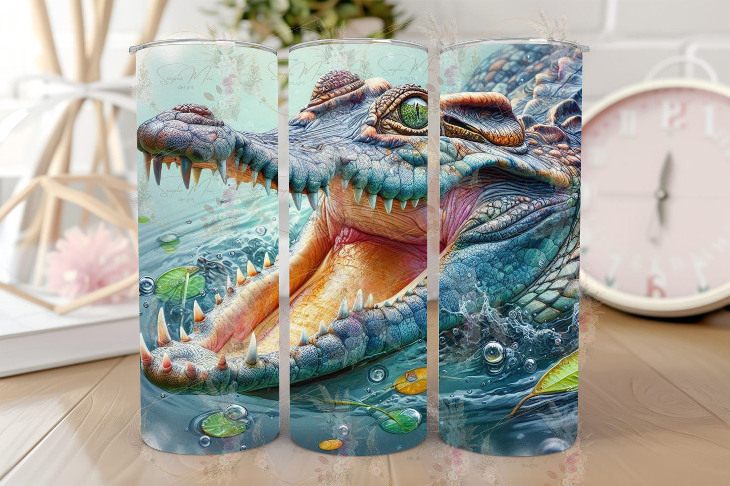 Stainless steel sublimation tumbler with a fierce Australian Crocodile graphic, perfect for keeping drinks hot or cold.