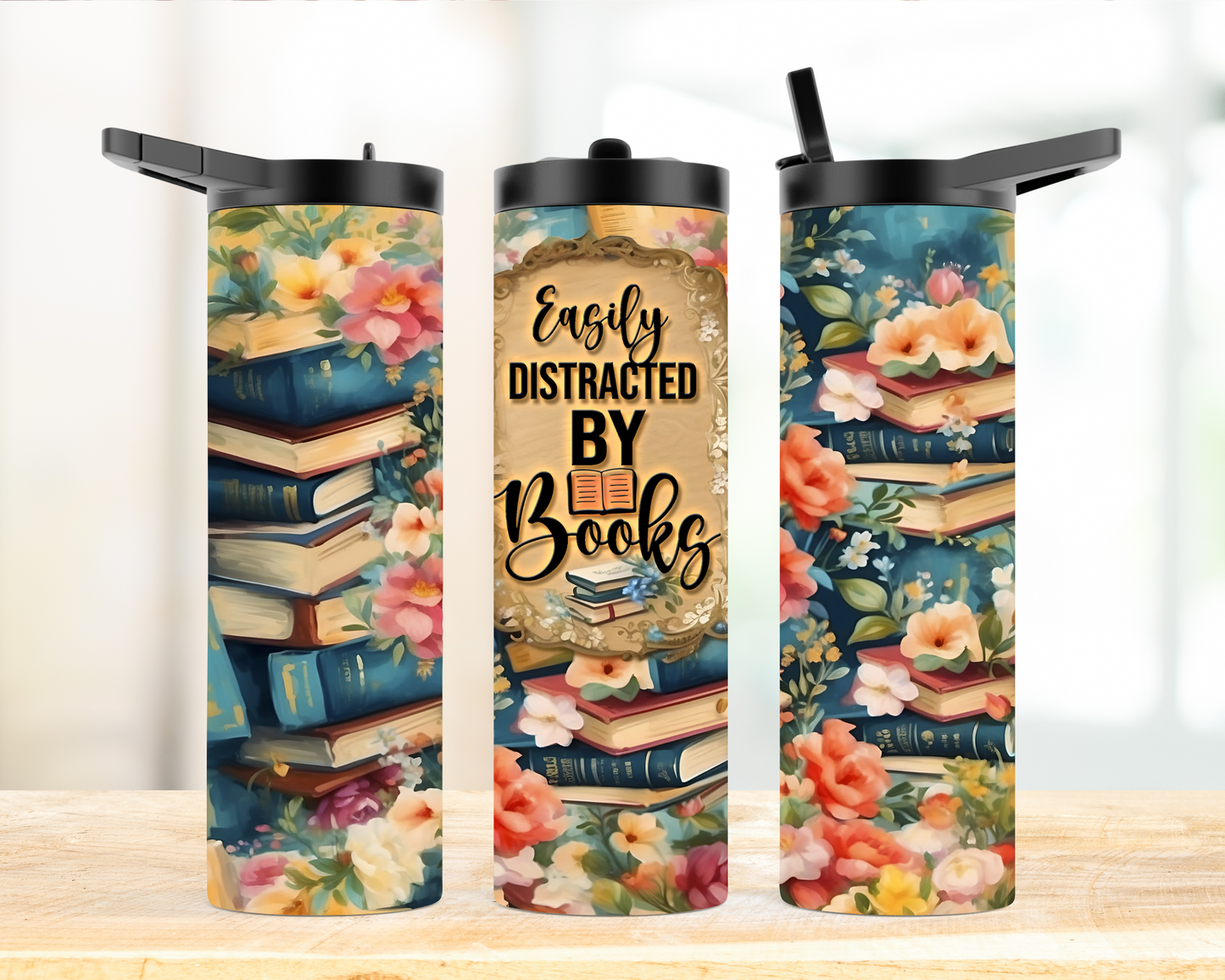 Insulated water bottle for audiobook readers, featuring "Easily Distracted by Books" design. Great for hydration while reading your favourite book.