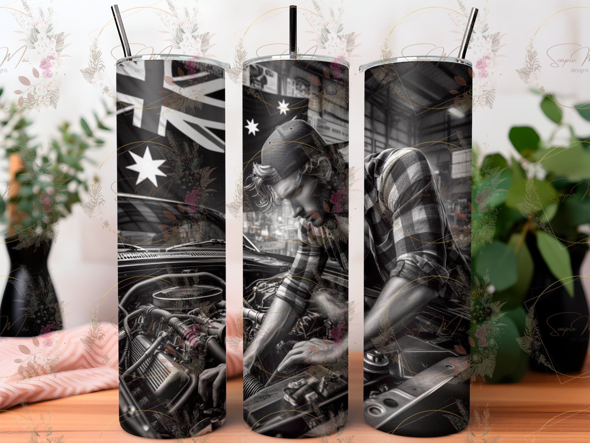 Sublimation tumbler featuring a unique Australian mechanic design, perfect for keeping drinks hot or cold.