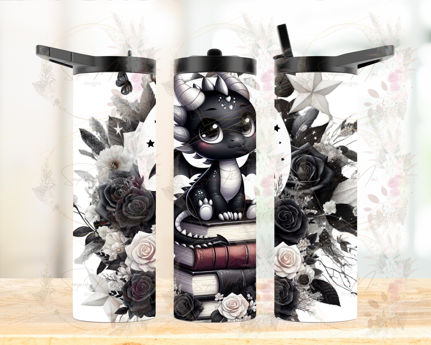 Insulated sublimation water bottle featuring a gorgeous black and white design of a dragon sitting on a stack of books, with a moon and flowers in the background.