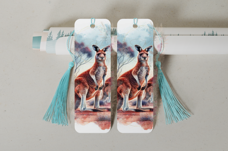 Durable double-sided aluminum bookmark showcasing an Australian Kangaroo bush-inspired design on both sides, perfect for readers.