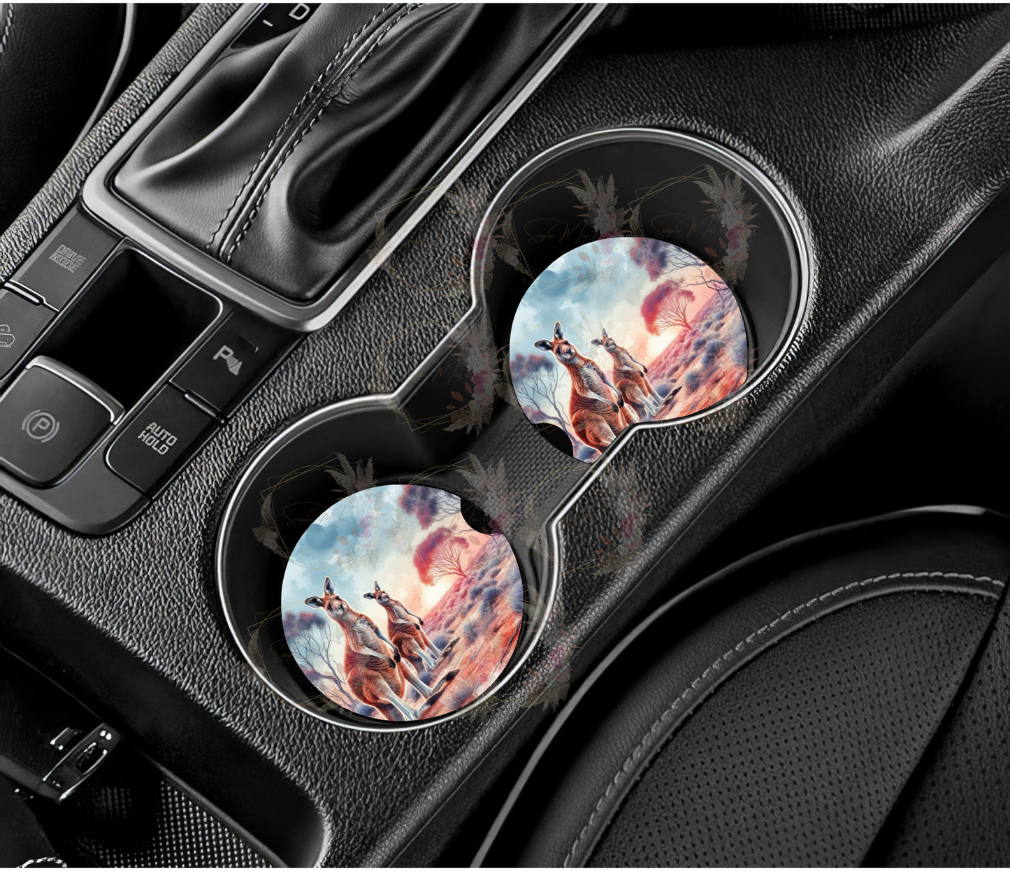 Pair of absorbent car coasters featuring an Australian Kangaroo bush-inspired design, protecting your vehicle's cup holders