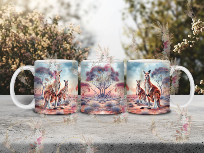 White ceramic coffee mug with an Australian Kangaroo bush-inspired sublimation print, great for your morning brew.