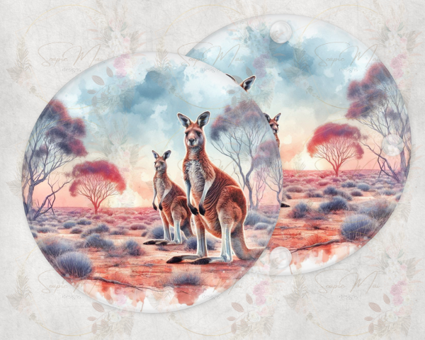 Round glass coaster with an Australian Kangaroo bush-inspired sublimation print, protecting surfaces in style.
