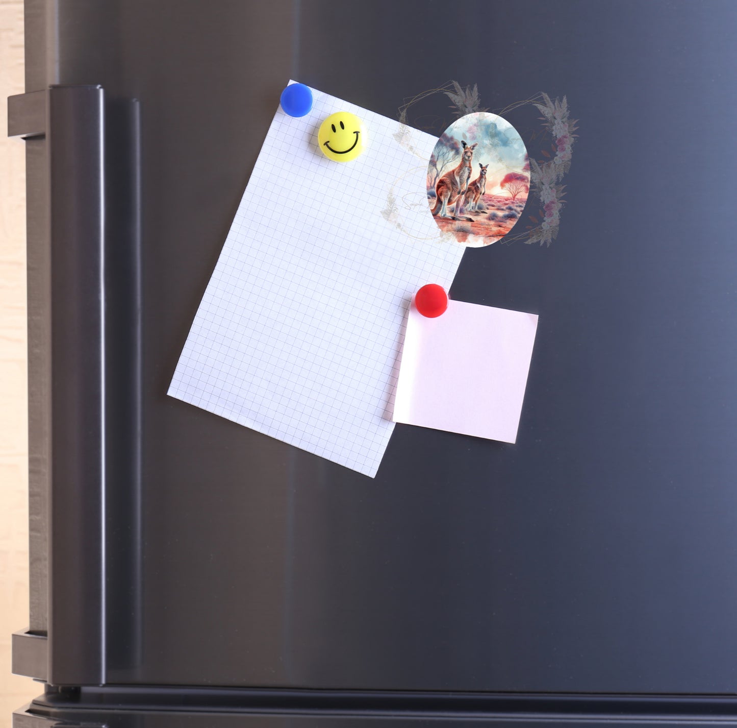 Strong refrigerator magnet featuring a vibrant Australian Kangaroo bush-inspired illustration, ideal for decorating your home.