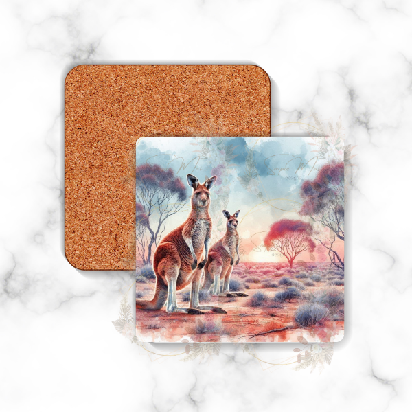 Square backed coaster with an Australian Kangaroo bush-inspired design, perfect for home or office use.