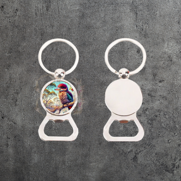Durable bottle opener keyring with a Kookaburra in a tree graphic, a practical and charming accessory for your keys.