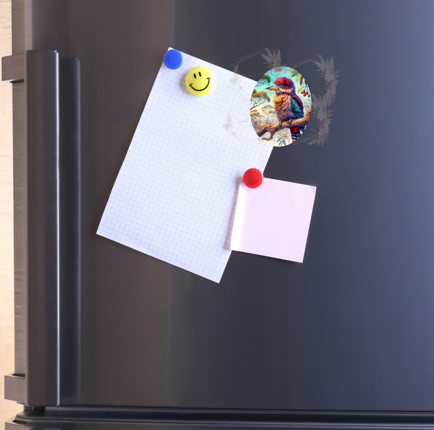 Strong refrigerator magnet featuring a vibrant Kookaburra in a tree illustration, ideal for decorating your kitchen or workspace