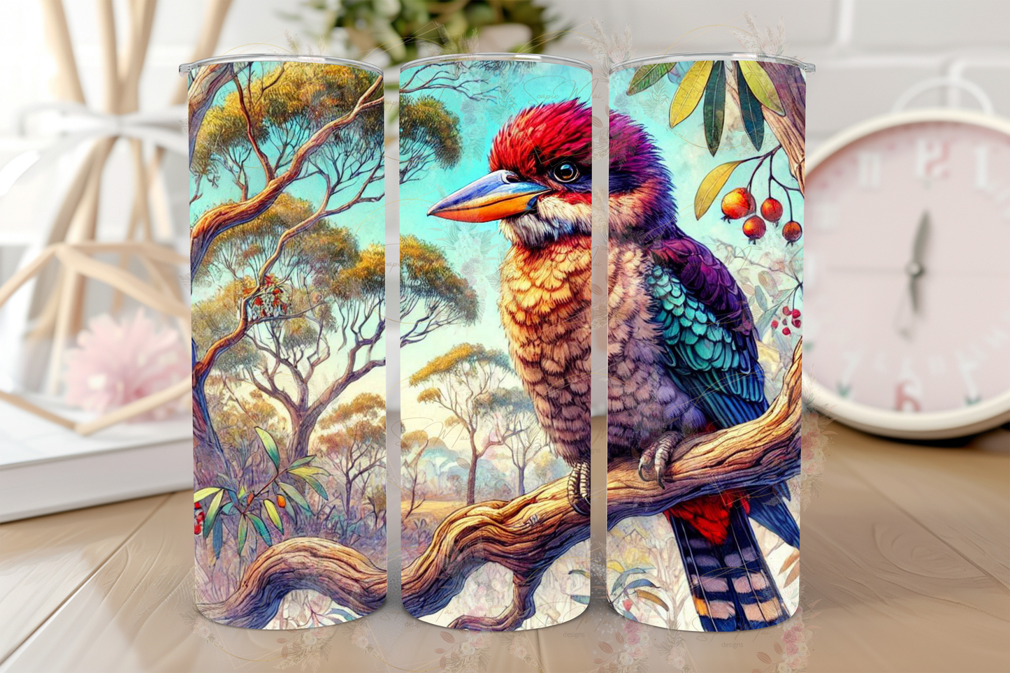 Stainless steel sublimation tumbler with an iconic Kookaburra perched in a tree graphic, ideal for keeping drinks hot or cold.