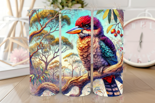 Stainless steel sublimation tumbler with an iconic Kookaburra perched in a tree graphic, ideal for keeping drinks hot or cold.