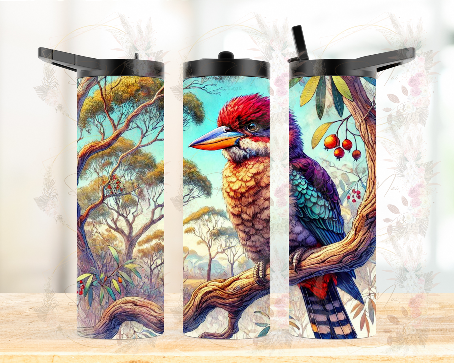 Insulated sublimation water bottle featuring a charming Kookaburra sitting in a tree, perfect for staying hydrated on the go.