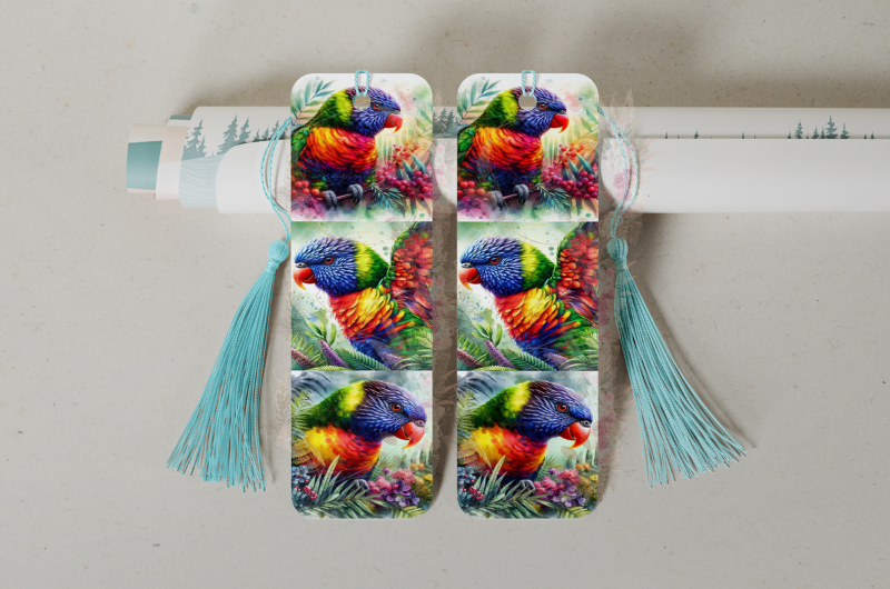 Durable double-sided aluminum bookmark showcasing a colorful Lorikeet design on both sides, perfect for avid readers.