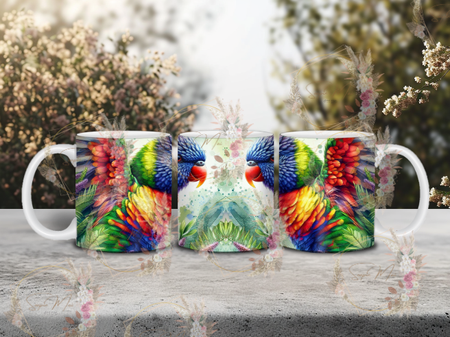 White ceramic coffee mug with a stunning, colorful Lorikeet sublimation print, great for your morning brew.