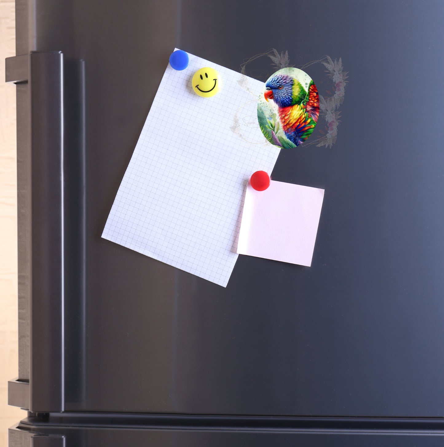 Strong refrigerator magnet featuring a bright, colorful Lorikeet illustration, ideal for decorating your kitchen or office