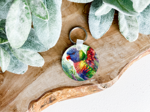 Lightweight double-sided MDF keyring featuring a colorful Lorikeet on both sides, a charming personal accessory.