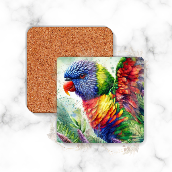 Square backed coaster with a colorful Lorikeet design, perfect for home or office use.