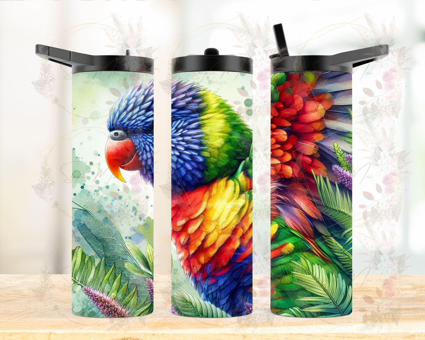 Insulated sublimation water bottle featuring a vibrant, colorful Lorikeet design, perfect for staying hydrated on the go.