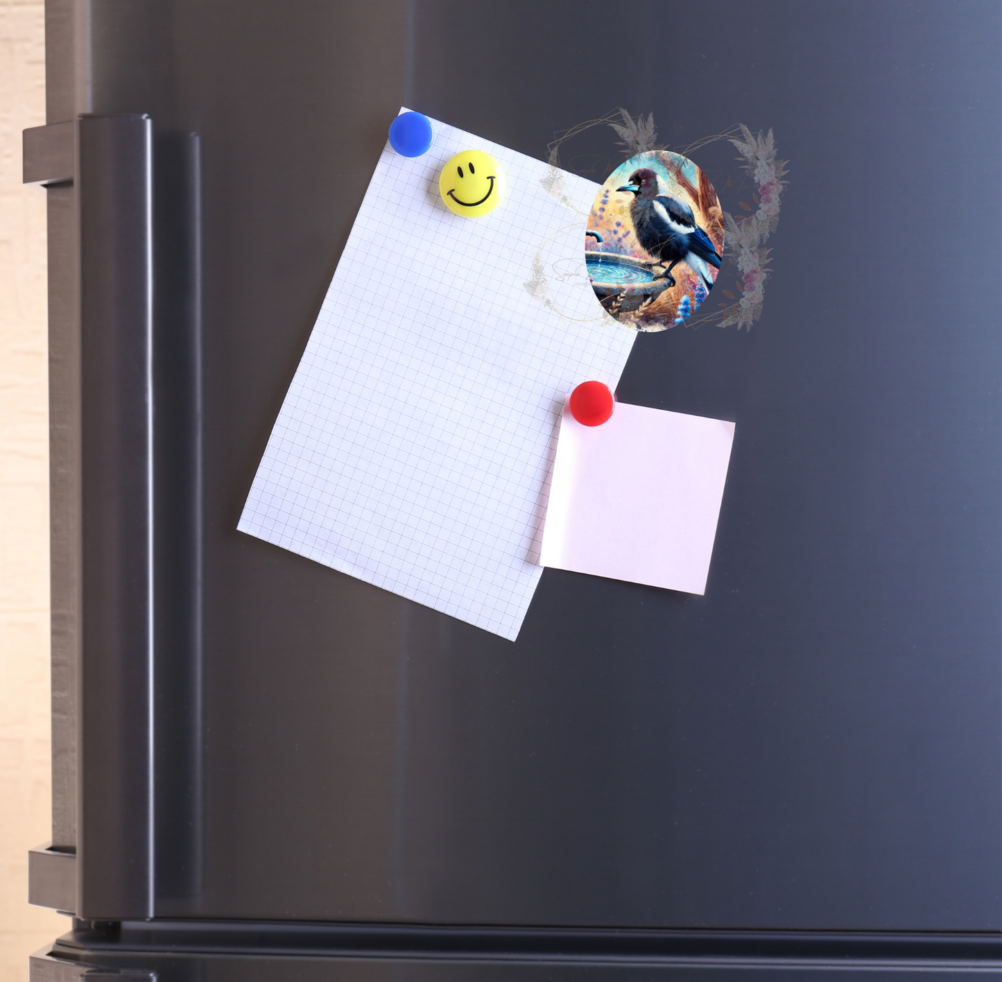 Strong refrigerator magnet featuring a vibrant Australian Magpie on a birdbath illustration, ideal for decorating your kitchen