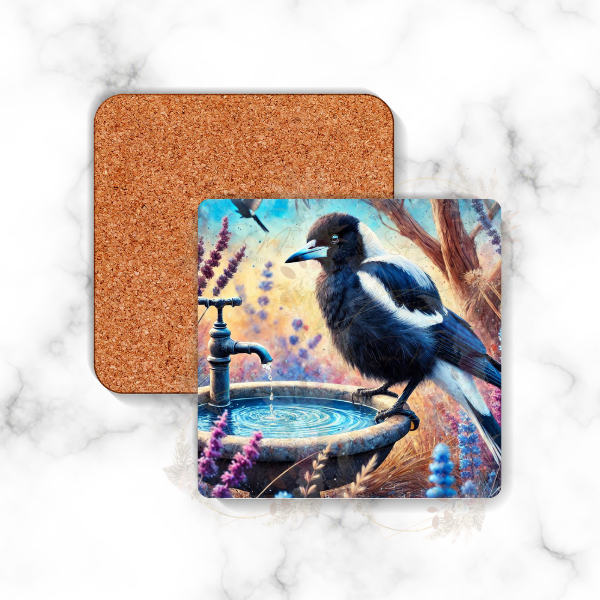 Square backed coaster with an Australian Magpie on a birdbath design, perfect for home or office use.