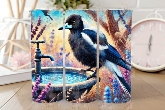 Stainless steel sublimation tumbler with an iconic Australian Magpie on a birdbath graphic, ideal for keeping drinks hot or cold.
