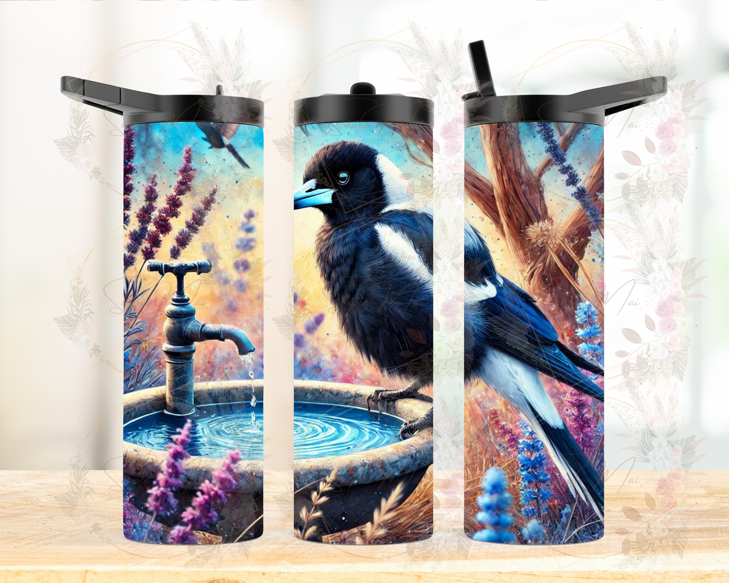 Insulated sublimation water bottle featuring an Australian Magpie perched on a birdbath, perfect for staying hydrated.