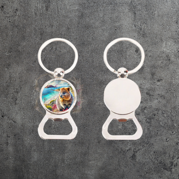 Durable bottle opener keyring with a Quokka and Rottnest Island graphic, a practical and cute accessory for your keys.