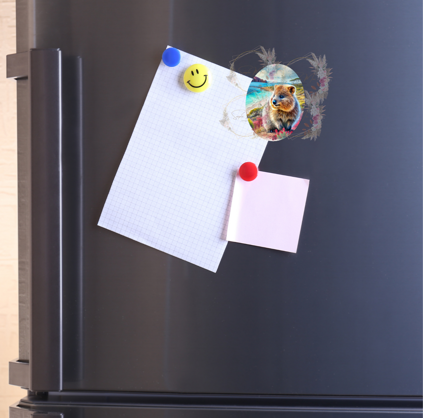 Strong refrigerator magnet featuring a vibrant Quokka illustration with a Rottnest Island background, ideal for decorating your kitchen.