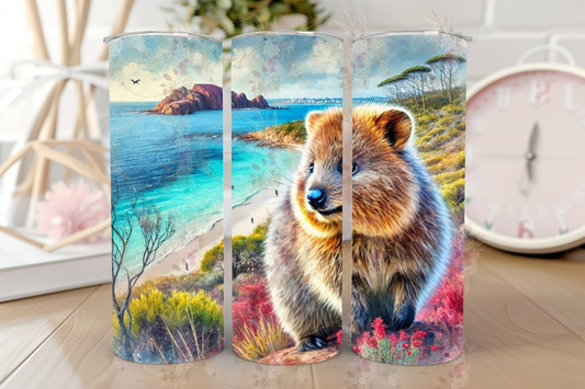 Stainless steel sublimation tumbler with an adorable Quokka and iconic Rottnest Island scenery, ideal for keeping drinks hot or cold.