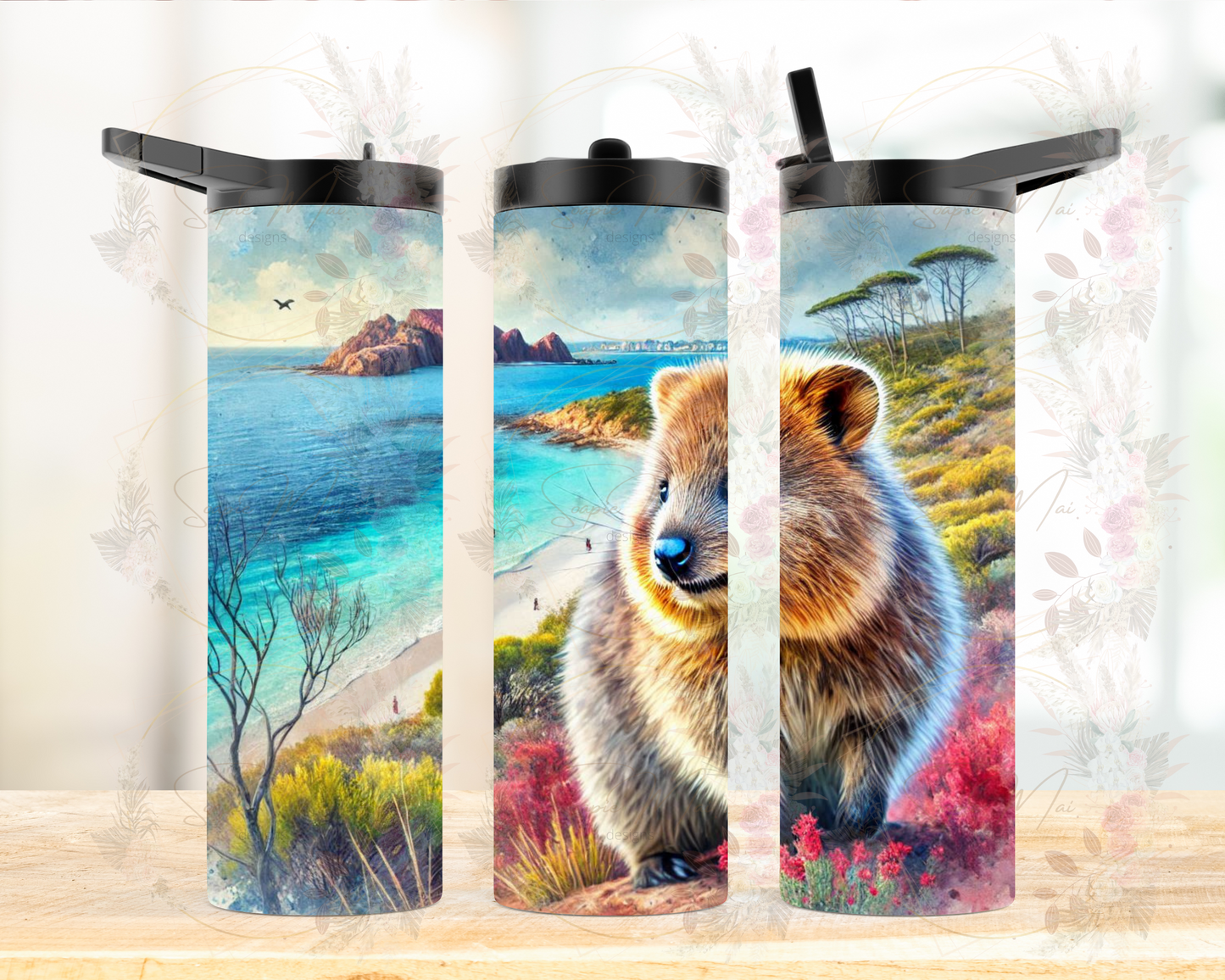 Insulated sublimation water bottle featuring a smiling Quokka with a vibrant Rottnest Island background, perfect for staying hydrated.