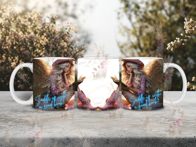 White ceramic coffee mug with a charming 'Saddle up With A Good Book' country-inspired sublimation print, great for your morning coffee.