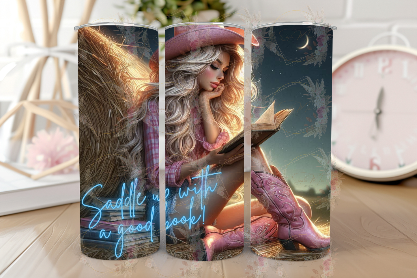 Stainless steel sublimation tumbler with a 'Saddle up With A Good Book' country-themed design, ideal for keeping drinks hot or cold while reading your next western romance.
