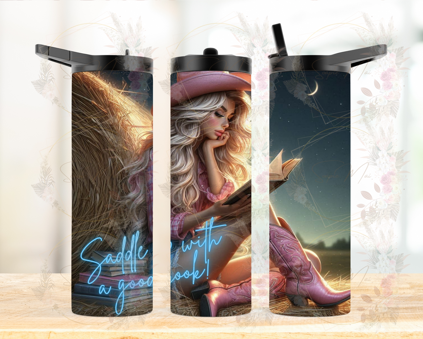 Insulated sublimation water bottle featuring a 'Saddle up With A Good Book' country-inspired design, perfect for readers who love the ranch life.