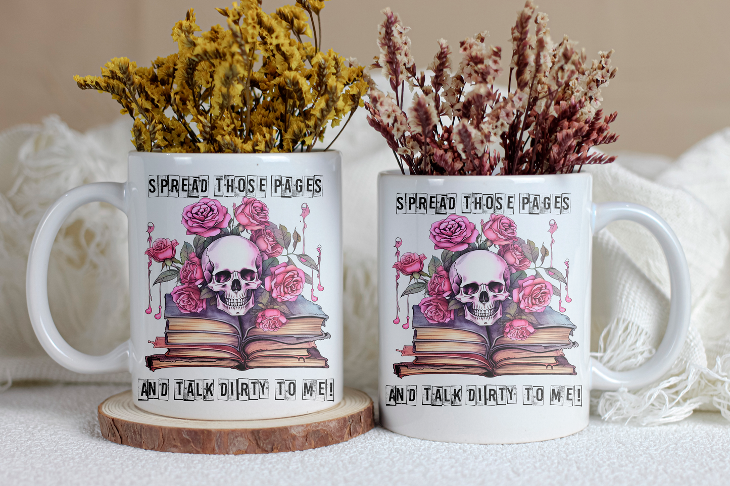 Sublimation coffee mug for book lovers featuring a floral skull book stack "Spread Those Pages and Talk Dirty to Me" design.