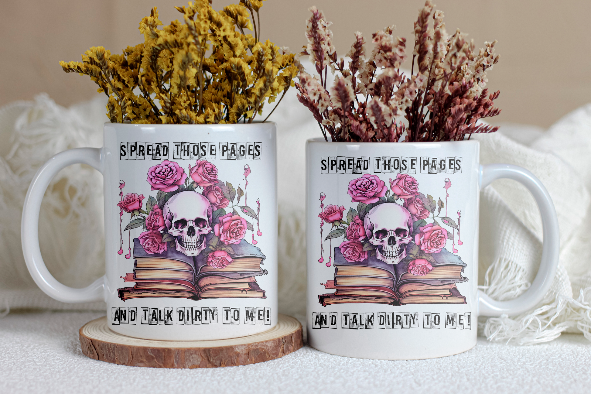Sublimation coffee mug for book lovers featuring a floral skull book stack "Spread Those Pages and Talk Dirty to Me" design.
