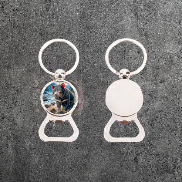 Durable bottle opener keyring with a Tasmanian Devil graphic, a practical and unique accessory for your keys